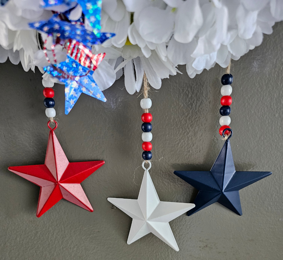 Handcrafted Summer Patriotic Wreath with Stars and Flowers | Red White and Blue 4th of July Door Decor