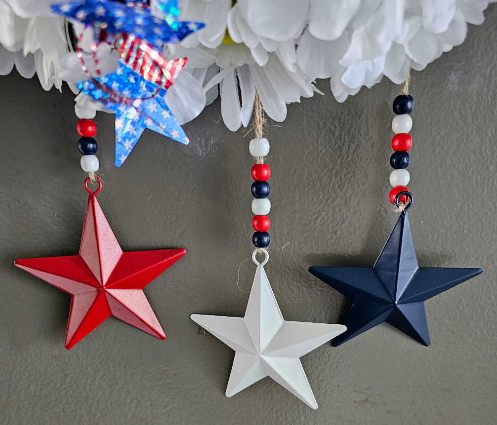 Handcrafted Summer Patriotic Wreath with Stars and Flowers | Red White and Blue 4th of July Door Decor