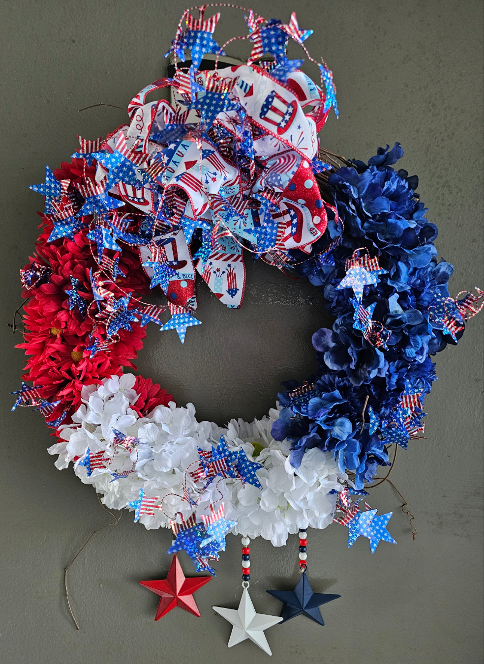 Handcrafted Summer Patriotic Wreath with Stars and Flowers | Red White and Blue 4th of July Door Decor