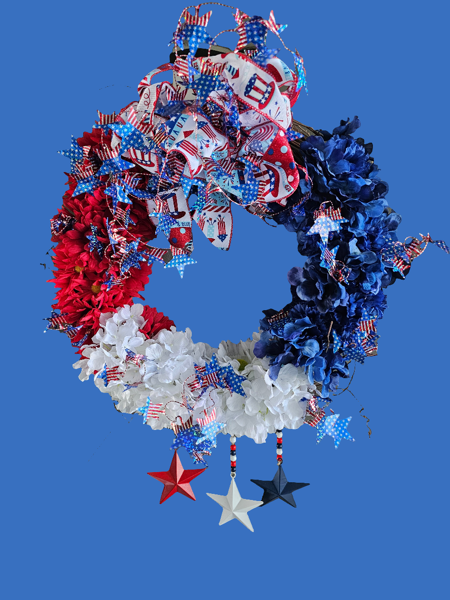 Handcrafted Summer Patriotic Wreath with Stars and Flowers | Red White and Blue 4th of July Door Decor