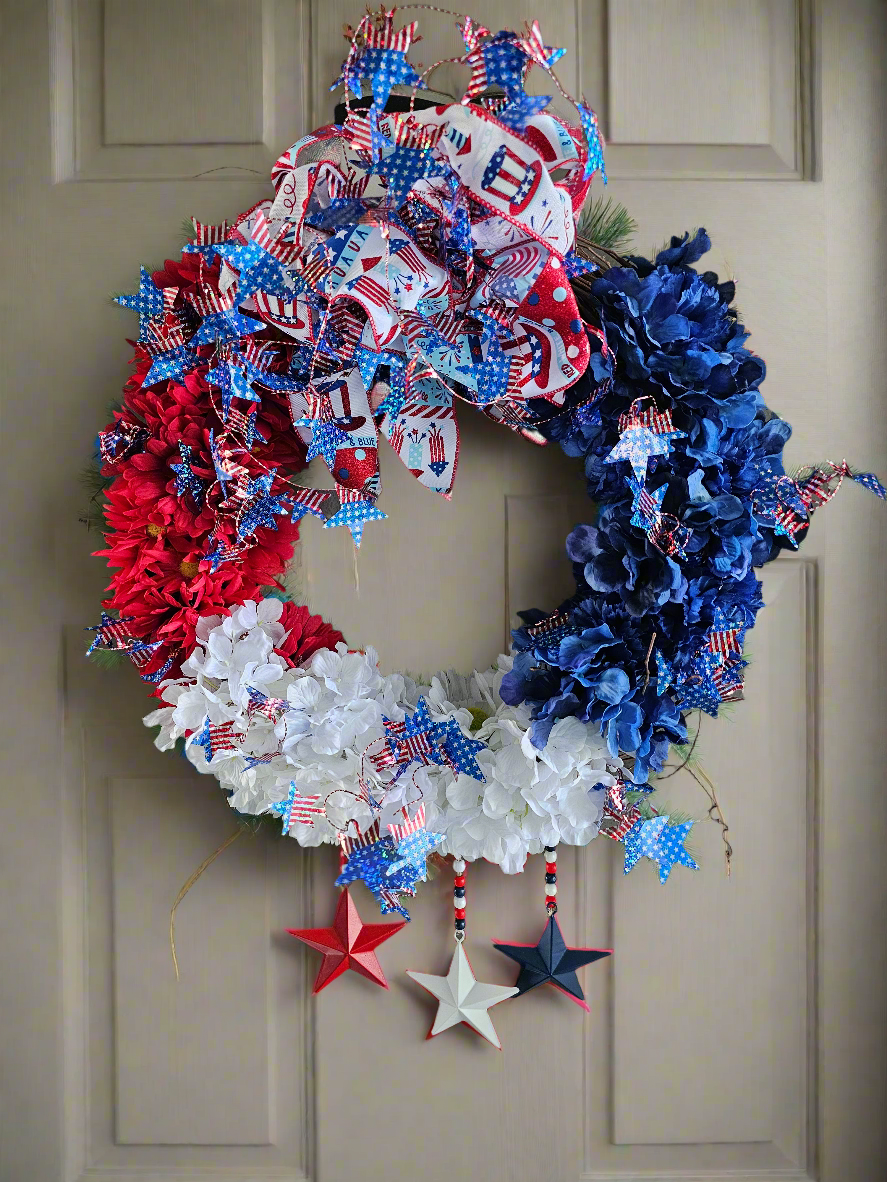 Handcrafted Summer Patriotic Wreath with Stars and Flowers | Red White and Blue 4th of July Door Decor