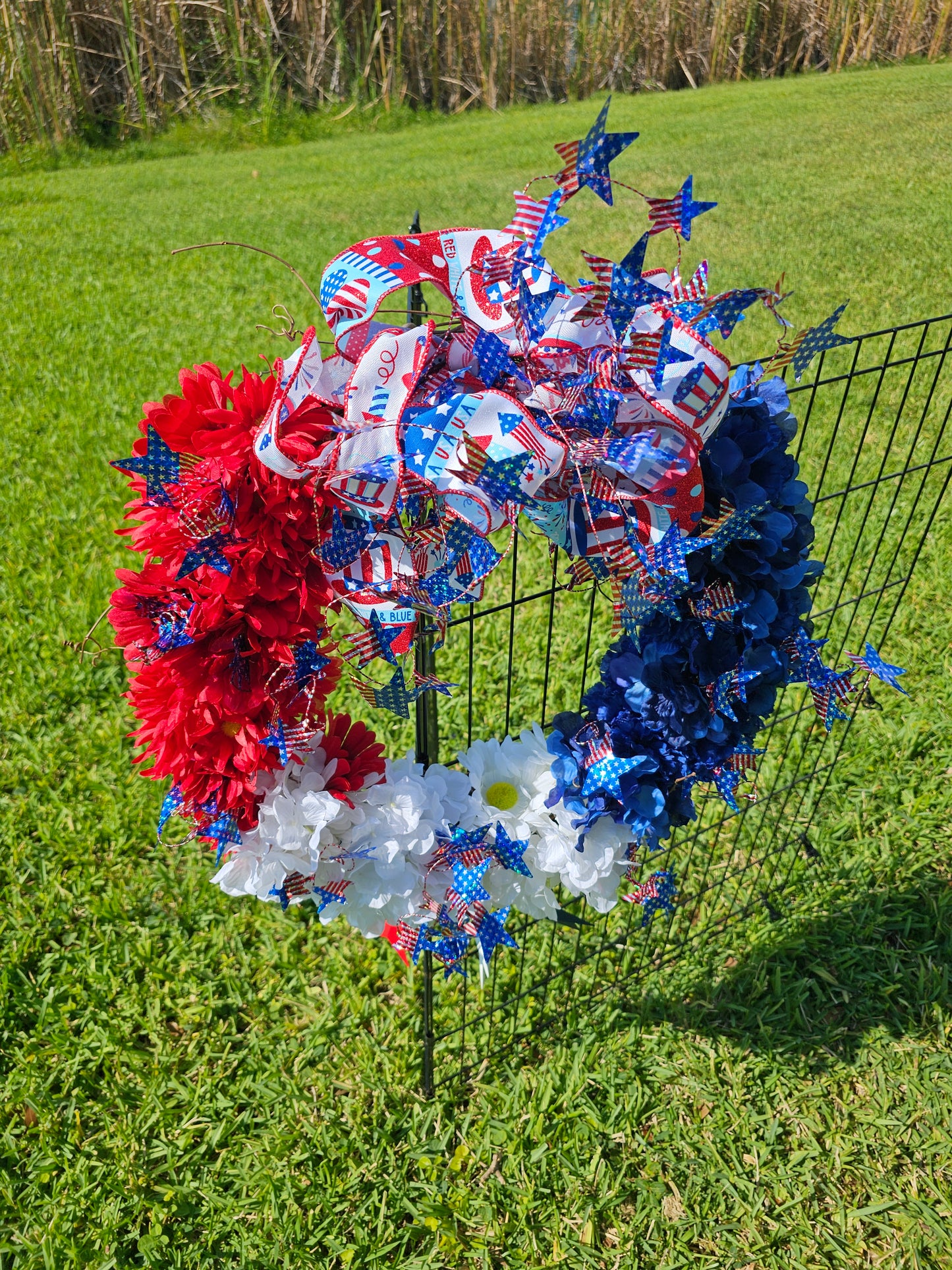 Handcrafted Summer Patriotic Wreath with Stars and Flowers | Red White and Blue 4th of July Door Decor