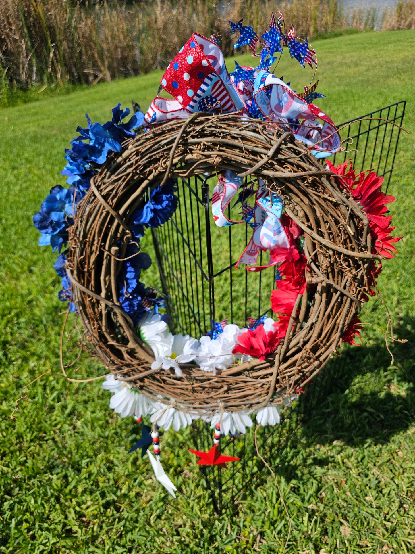 Handcrafted Summer Patriotic Wreath with Stars and Flowers | Red White and Blue 4th of July Door Decor