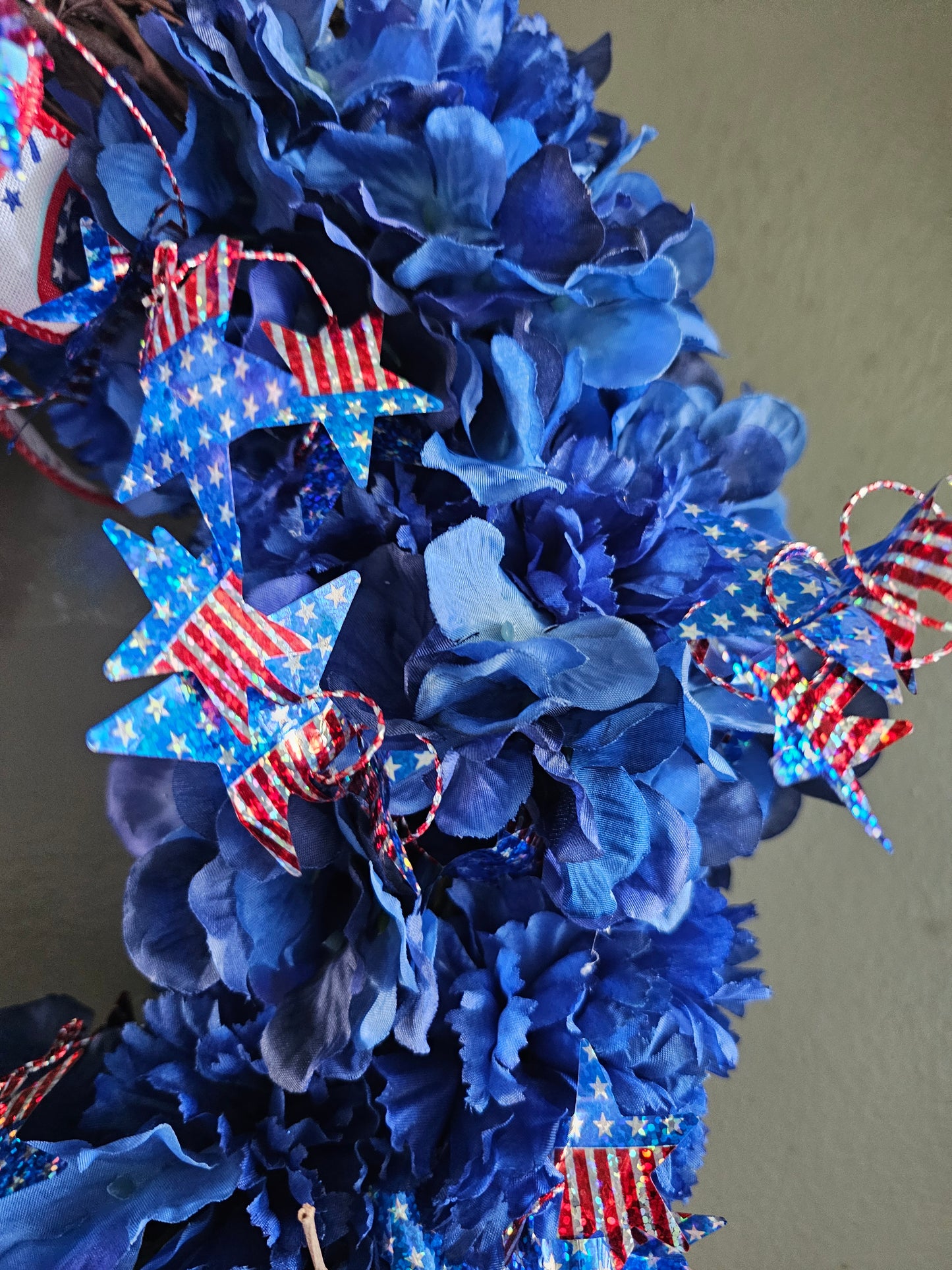Handcrafted Summer Patriotic Wreath with Stars and Flowers | Red White and Blue 4th of July Door Decor