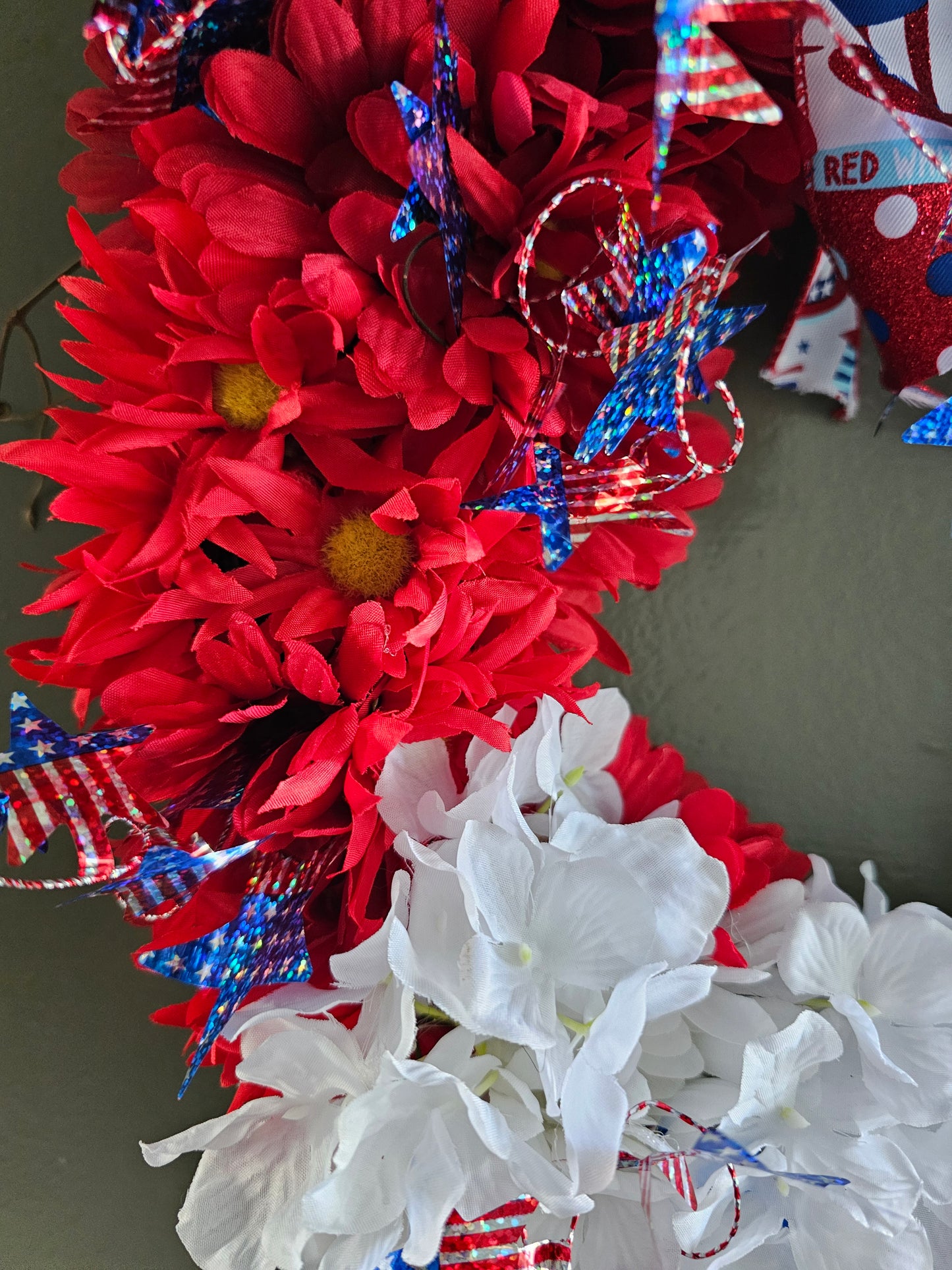 Handcrafted Summer Patriotic Wreath with Stars and Flowers | Red White and Blue 4th of July Door Decor