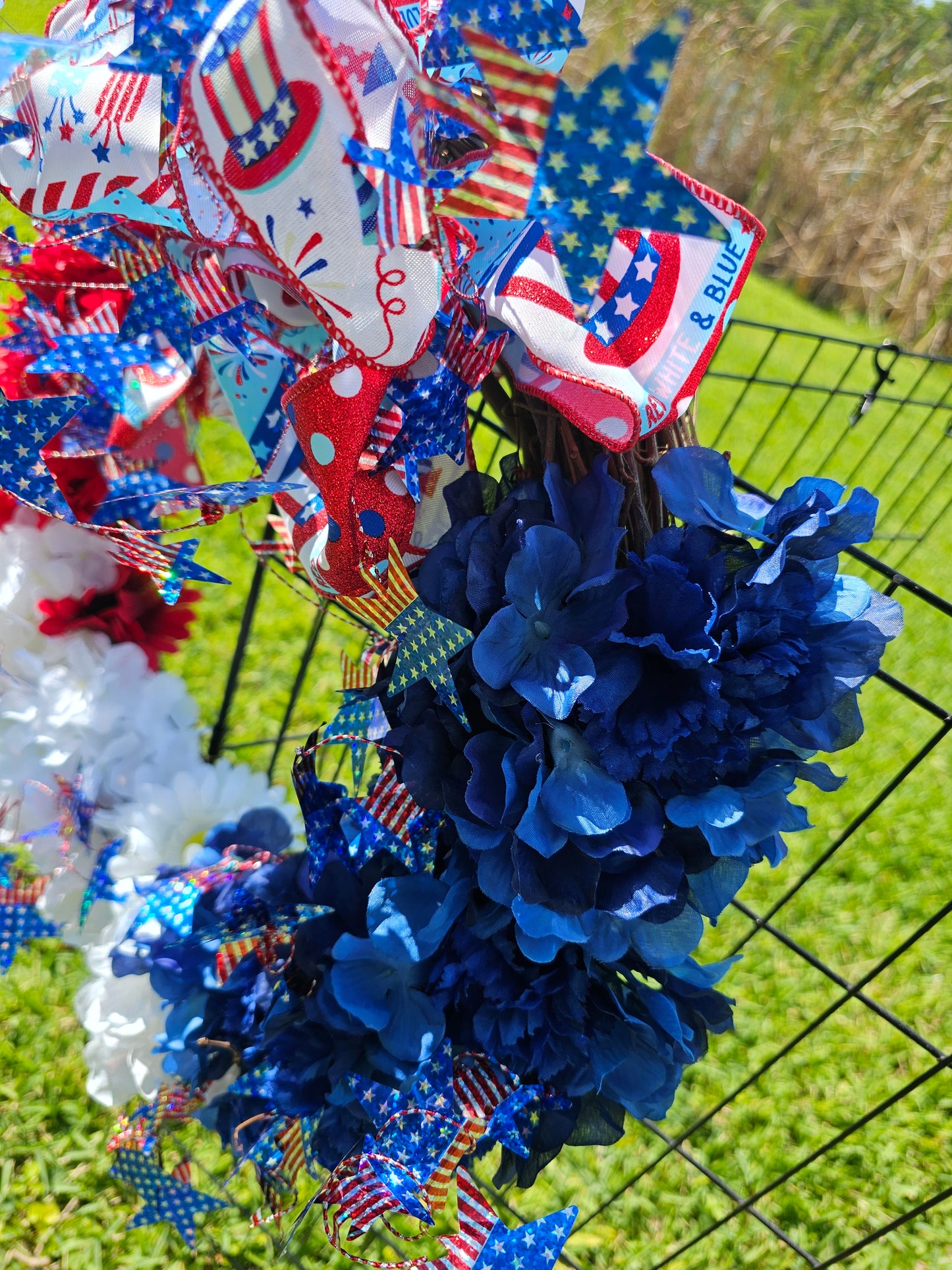 Handcrafted Summer Patriotic Wreath with Stars and Flowers | Red White and Blue 4th of July Door Decor