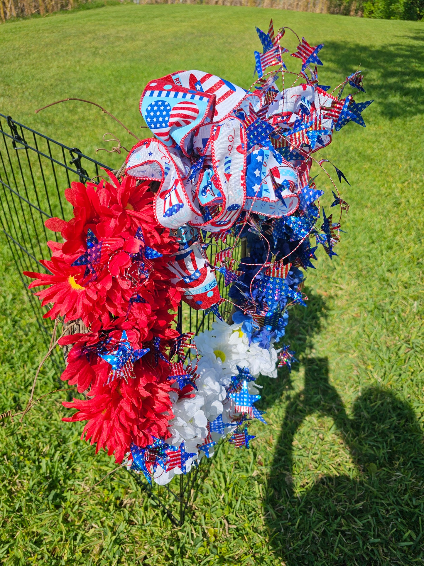 Handcrafted Summer Patriotic Wreath with Stars and Flowers | Red White and Blue 4th of July Door Decor