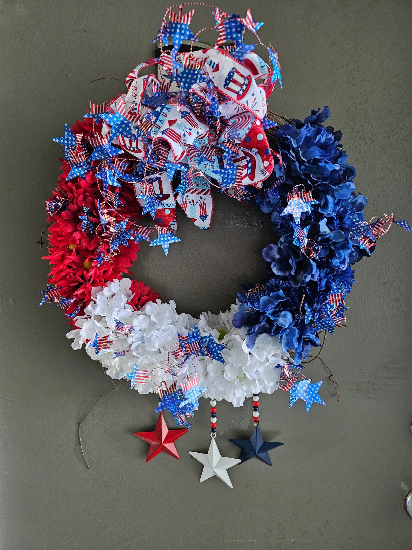 Handcrafted Summer Patriotic Wreath with Stars and Flowers | Red White and Blue 4th of July Door Decor